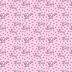 Repeating red hearts and the word Love. Romantic pink background seamless pattern. Endless girlish print. Cute vector illustration.