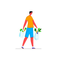 Vector isolated illustration of young man walking with grocery bags from store. The concept of buying food, organic, healthy and natural products. It can be used in web design, banners, etc.