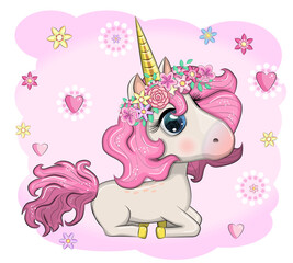 Magic cute unicorn, stars, clouds and moon poster, greeting card
