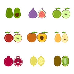 Set of cute cartoon fruit icons, includes apples, pears, figs, kiwi, avocado and others. An image of whole and cut fruits next to each other. Isolated vector illustration on white background.