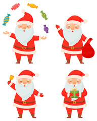 Christmas set of Santa Claus. Smiling Santa with a gift, with a bag, juggling sweets, with a bell.
