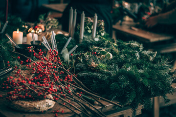 christmas advent wreath craft with red candles made from natural components