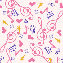 Treble clef, notes, heart, stars, abstract elements seamless pattern in pink, blue pastel colors. Music backdrop