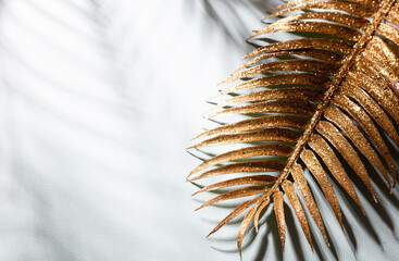 Gold palm leaves and shadows on a blue wall background.