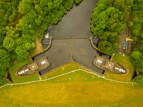Aerial view of Ladybower Reservoir in the Peak District National Park, Pennines, UK.