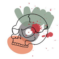 Scull in a hand drawn linear style with colorful abstract stains. Isolated on white.
