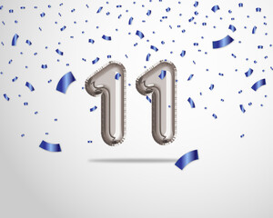 Happy 11th birthday with realistic foil balloons text on silver background and blue confetti. Set for Birthday, Anniversary, Celebration Party. Vector stock.