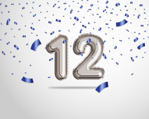 Happy 12th birthday with realistic foil balloons text on silver background and blue confetti. Set for Birthday, Anniversary, Celebration Party. Vector stock.