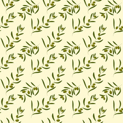 Vector pattern olive branch on light yellow background. For labels, packaging.
