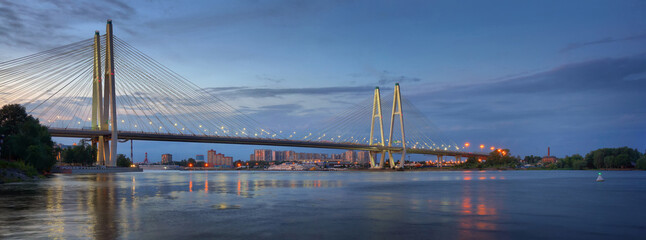 Panorama of the Big cable-stayed bridge in Saint Petersburg