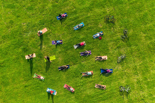 Aerial view of yoga group exercising in park.