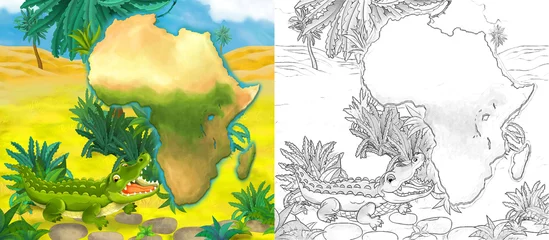 Stoff pro Meter cartoon sketch scene with wild animal by oasis crocodile alligator - illustration © agaes8080