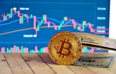 golden bitcoin coin and paper money on stock chart background