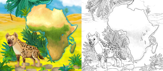 cartoon sketch scene with wild animal by oasis hyena - illustration - obrazy, fototapety, plakaty