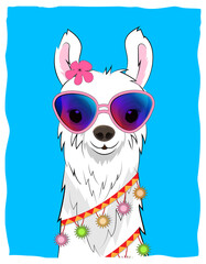 Postcard with a white llama in a flower wreath and colorful garlands on a blue background. Vector.