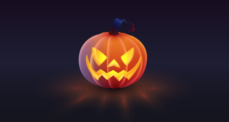 Halloween holliday collection. Latern Jack, orange pumpkin with spooky luminous face and reflection on dark blue background. Simulates soft touch coverage and 3d rendering. Vector illustration. 