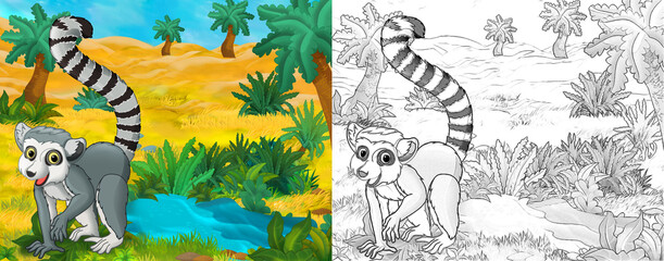 cartoon sketch scene with wild animal by oasis lemur - illustration