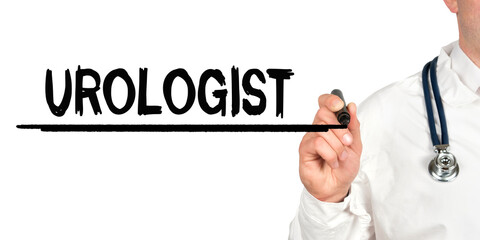 Doctor writes the word - UROLOGIST. Image of a hand holding a marker isolated on a white background.