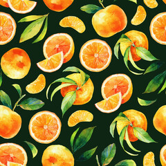 Seamless watercolour citrus fruits and leaves pattern. Green leaves and orange fruits on dark background. Seamless mandarin and oranges watercolour illustration for wrapping paper, fabric, wallpaper.