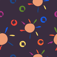 Flower pattern with circles, watercolor doodles and cartoon sun, seamless pattern, vector