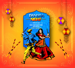 Vector design of Indian couple playing Garba in Dandiya Night  in disco  poster for Navratri Dussehra festival of India Invitation Card Background