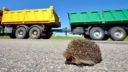 Wild Hedgehog crossing the highway. Truck in the background. Animal wildlife, nature, environmental...