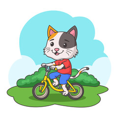Cat riding bike in the park illustration