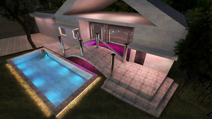 3d render modern architecture with pool top side view