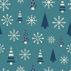 Vector blue white snowflake tree seamless pattern