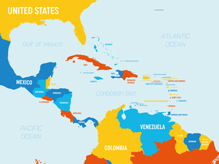 Central America map - 4 bright color scheme. High detailed political map Central American and Caribbean region with country, ocean and sea names labeling