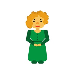 The curly blonde in a green dress and shoes stands and smiles timidly. 