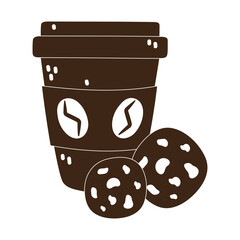 international day of coffee, paper takeaway cup and cookies silhouette icon style