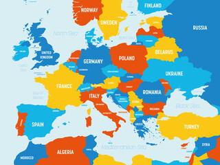 Europe map - 4 bright color scheme. High detailed political map of european continent with country, ocean and sea names labeling