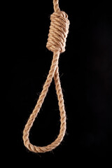 Knot and noose to commit suicide. Loop tied with thick jute rope.