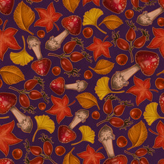 Seamless texture on autumn theme, elements of amanita mushrooms, foliage, rowan, rosehip berry, leaves. Autumn wallpaper illustration.