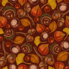Seamless texture on autumn theme, elements of amanita mushrooms, foliage, rowan, rosehip berry, leaves. Autumn wallpaper illustration.