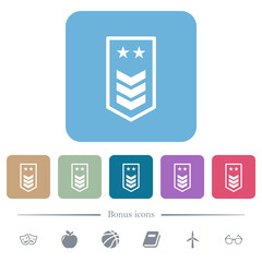 Military insignia with three chevrons and two stars flat icons on color rounded square backgrounds