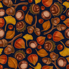 Seamless texture on autumn theme, elements of chestnut, rowan, physalis, acorn. Autumn wallpaper illustration.