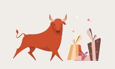 Red bull isolated illustration for greeting cards for the new year. Bull chinese symbol for new year 2021 - 385380101