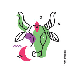 Mystical illustration with a bull's head for a banner. A simple picture with thin lines. - 385380161