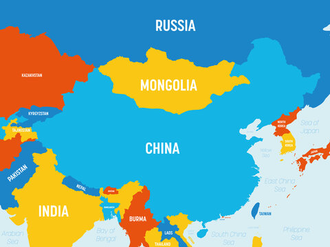 China map - 4 bright color scheme. High detailed political map of China and neighboring countries with country, ocean and sea names labeling