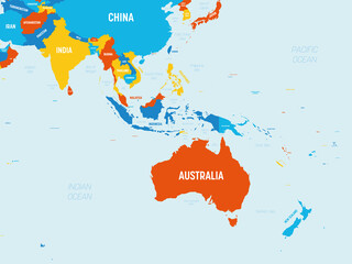 Obraz premium Australia and Southeast Asia map - 4 bright color scheme. High detailed political map of australian and southeastern Asia region with country, ocean and sea names labeling