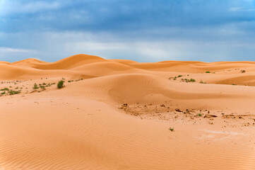 Picturesque desert landscape with dunes and dramatic sky