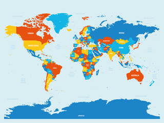 World map - 4 bright color scheme. High detailed political map of World with country, ocean and sea names labeling