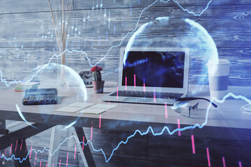 Double exposure of financial graph drawing and office interior background. Concept of stock market.