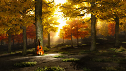 Sounds of autumn. Violin in beautiful park. 3D rendering © rolffimages