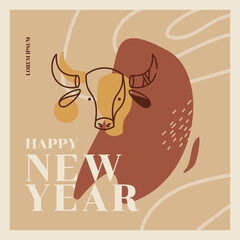 Modern fashion illustration for the new year 2021. The bull is hand-drawn in simple shapes. - 385380752