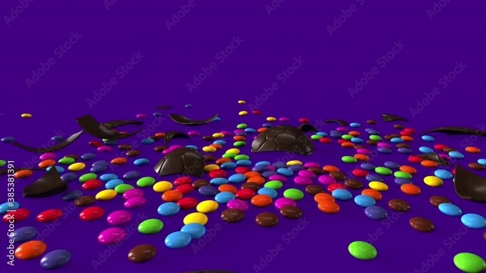 Wall mural animated chocolate easter egg unwrapped then destroyed on purple background