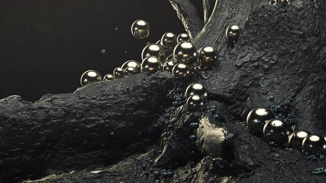 Falling metallic balls over tree trunk, animated background