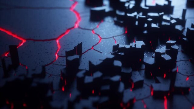 Red light shines through cracks in abstract black background
